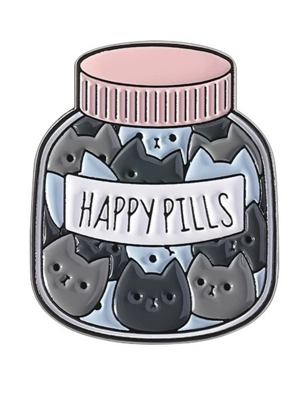 Cute Cat “Happy Pills” Enamel Pin – Black & Gray Kitty Jar Brooch Badge